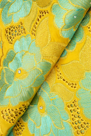 IRE592-GLD - Voile Lace - Mustard Gold, Mint Green & Gold