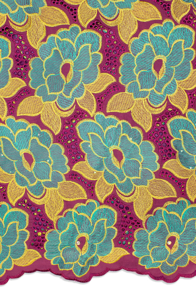 IRE592-MAG - Voile Lace - Magenta, Sea Green & Gold