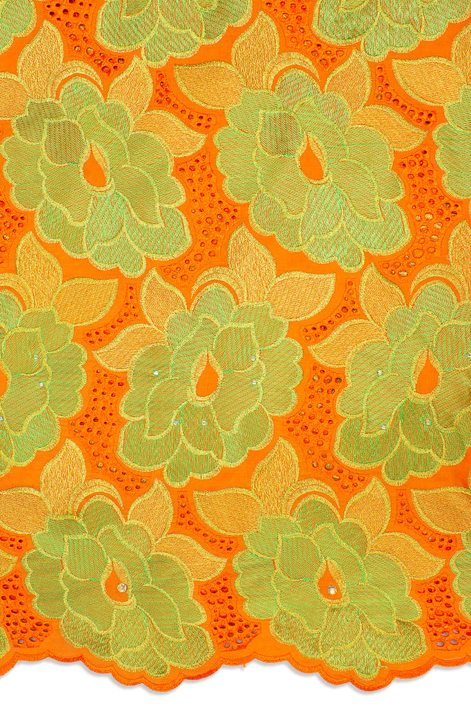 IRE592-ORA - Voile Lace - Orange, Leaf Green & Gold