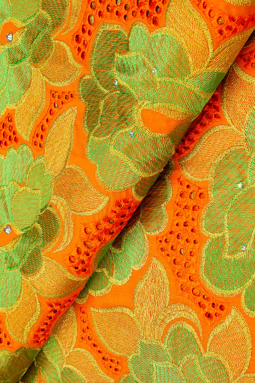 IRE592-ORA - Voile Lace - Orange, Leaf Green & Gold