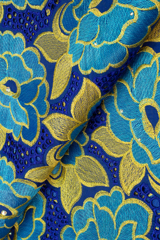 IRE592-RBL - Voile Lace - Royal Blue, Turquoise Blue & Gold