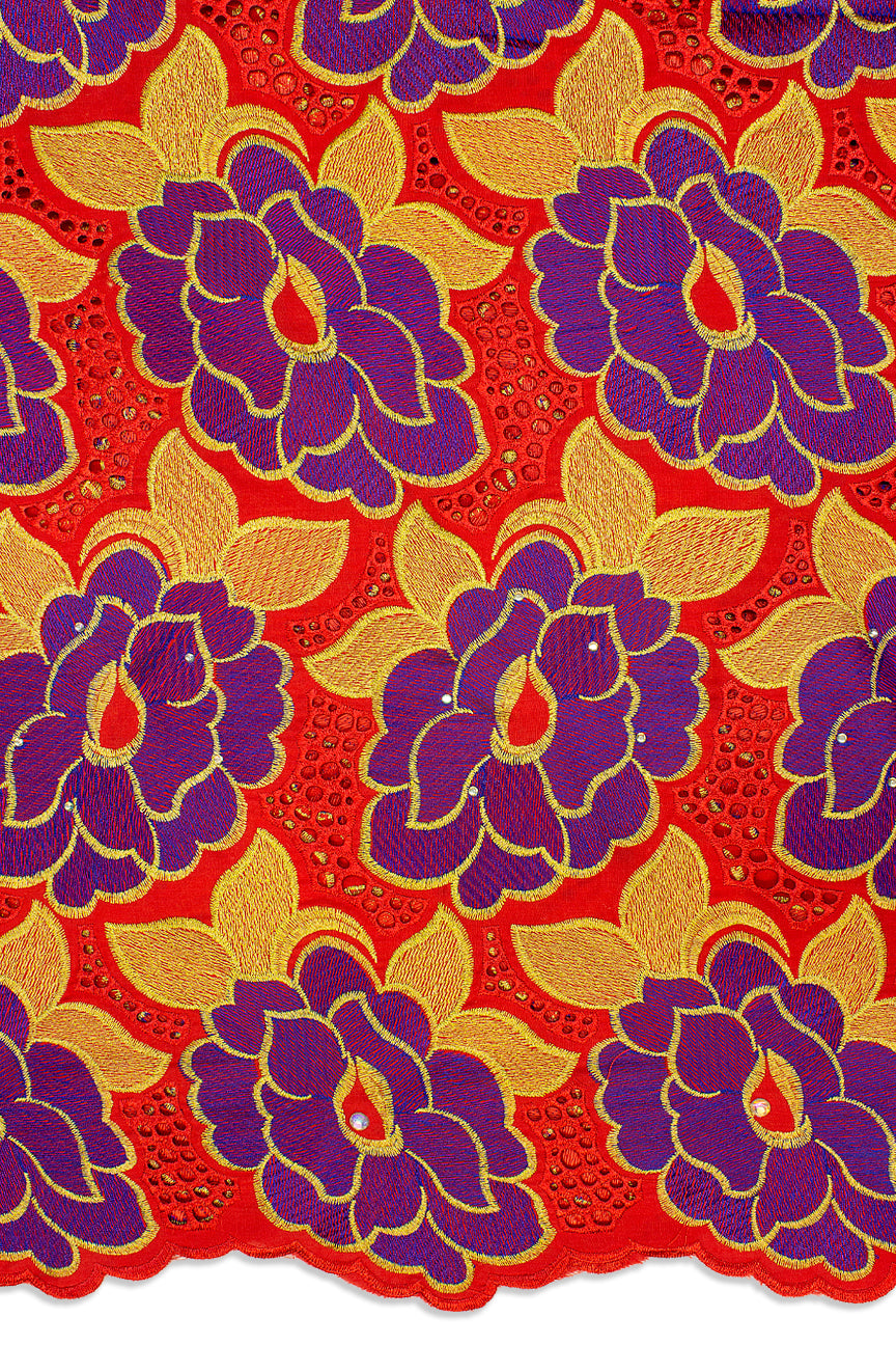 IRE592-RED - Voile Lace - Red, Royal Blue & Gold
