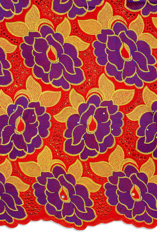 IRE592-RED - Voile Lace - Red, Royal Blue & Gold