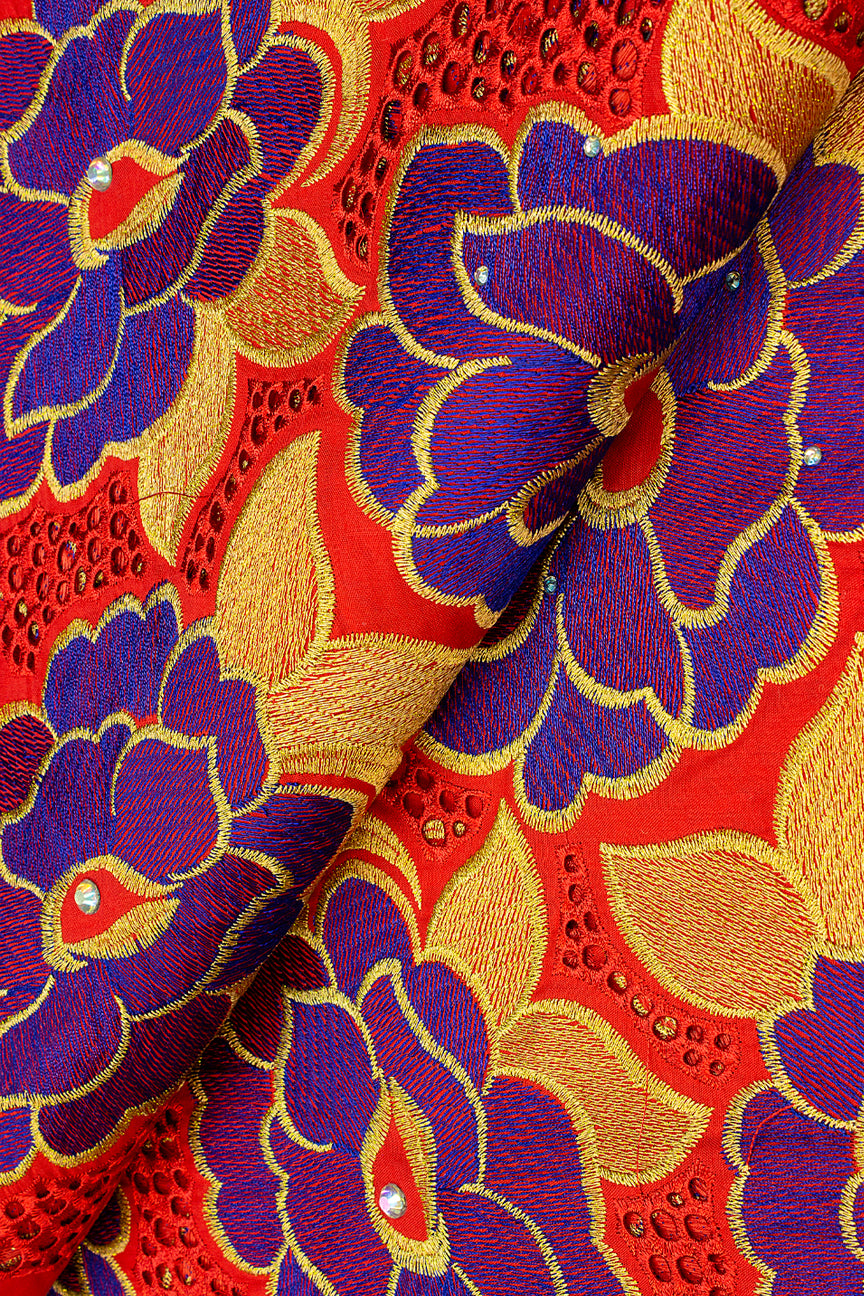 IRE592-RED - Voile Lace - Red, Royal Blue & Gold