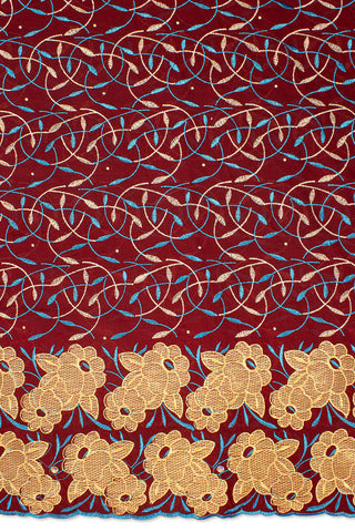 IRE594-WIN - Voile Lace - Wine, Turquoise Blue & Gold