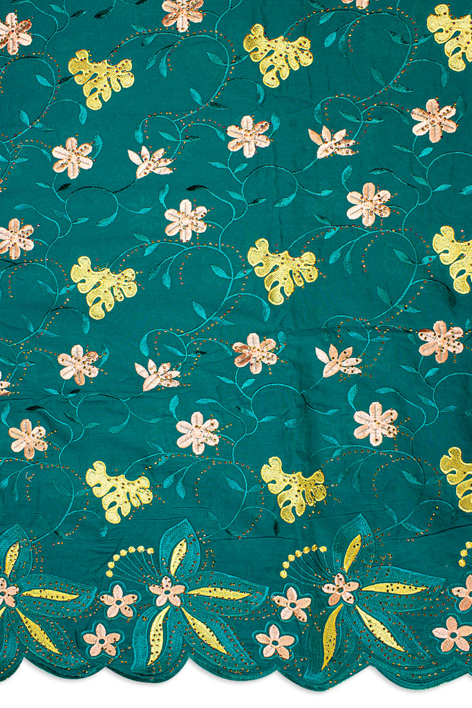 IRE611-TLG - Voile Lace - Teal Green, Gold & Beige