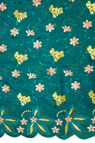 IRE611-TLG - Voile Lace - Teal Green, Gold & Beige