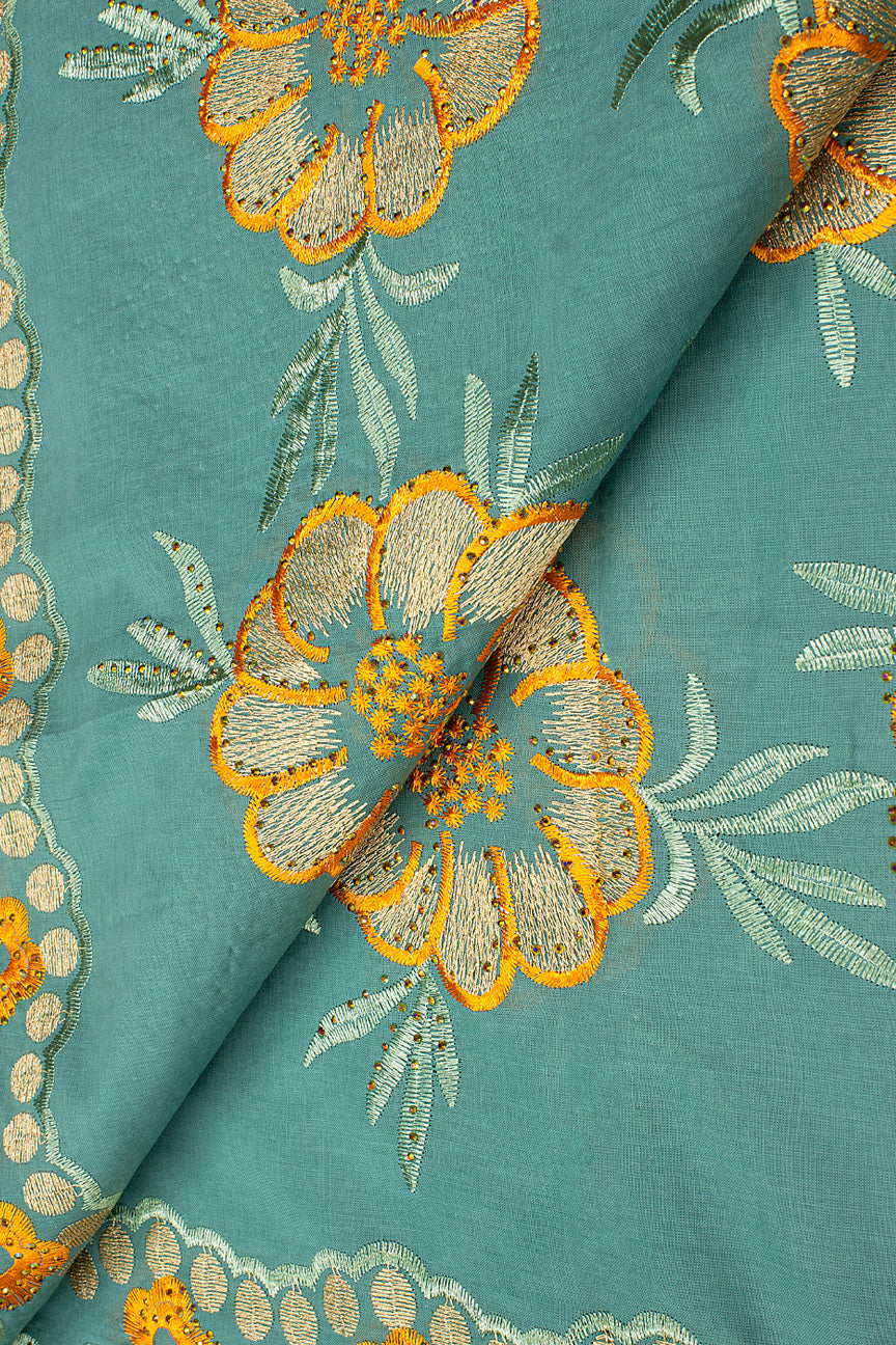 IRE636-SAG - Voile Lace - Sage Green, Orange & Gold