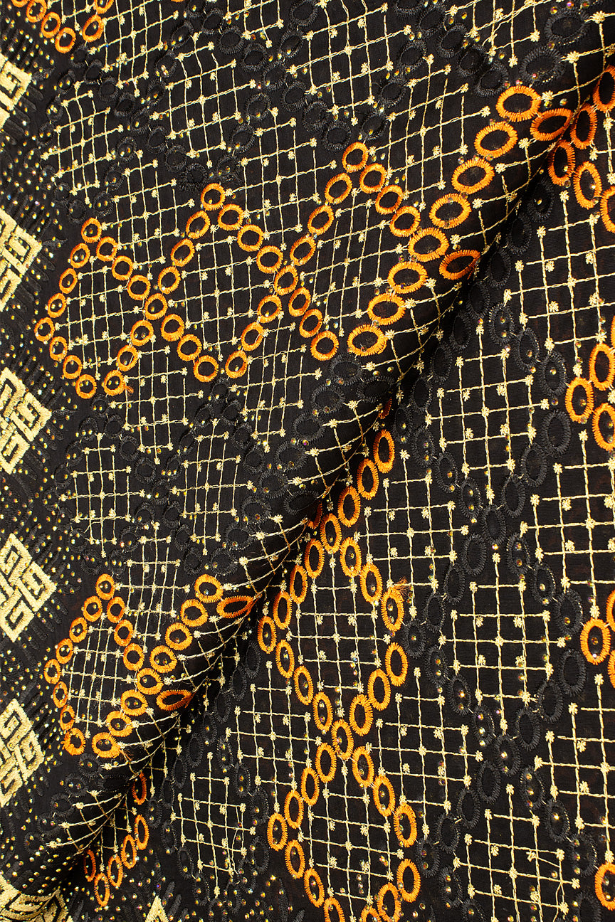 IRE646-BKO - Voile Lace - Black, Orange & Gold