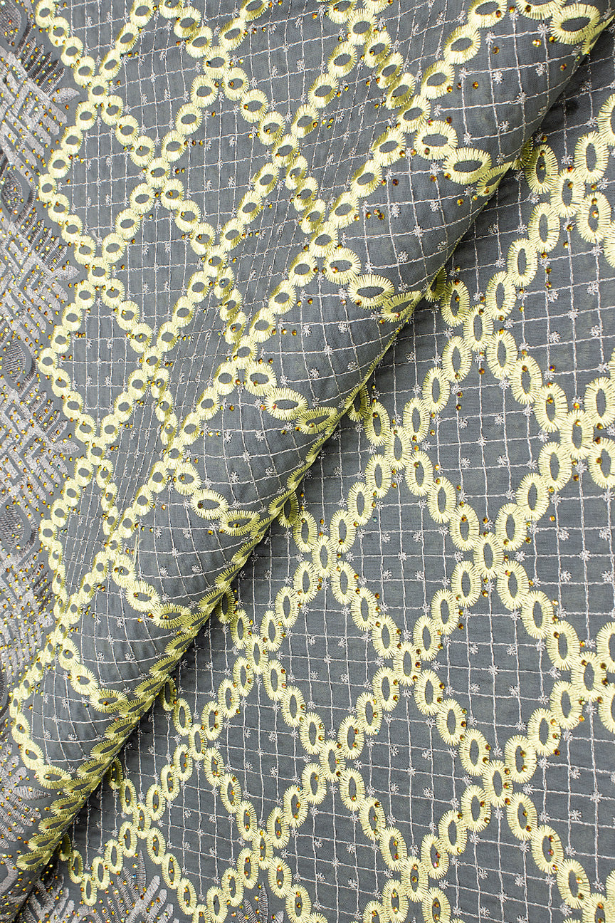 IRE646-GRY - Voile Lace - Dark Grey & Lemon Green
