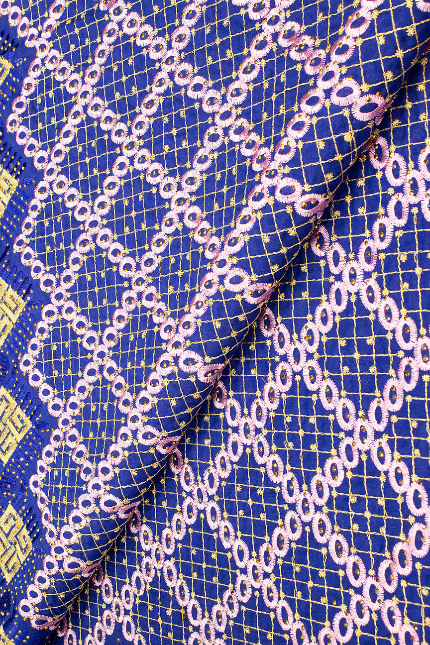 IRE646-RBL - Voile Lace - Royal Blue, Pink & Gold