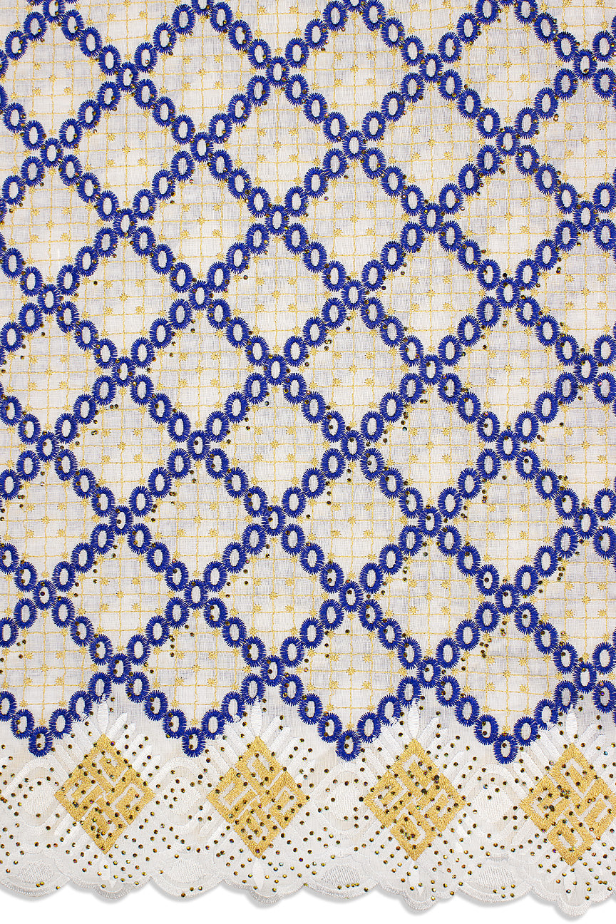 IRE646-WBL - Voile Lace - White, Royal Blue & Gold