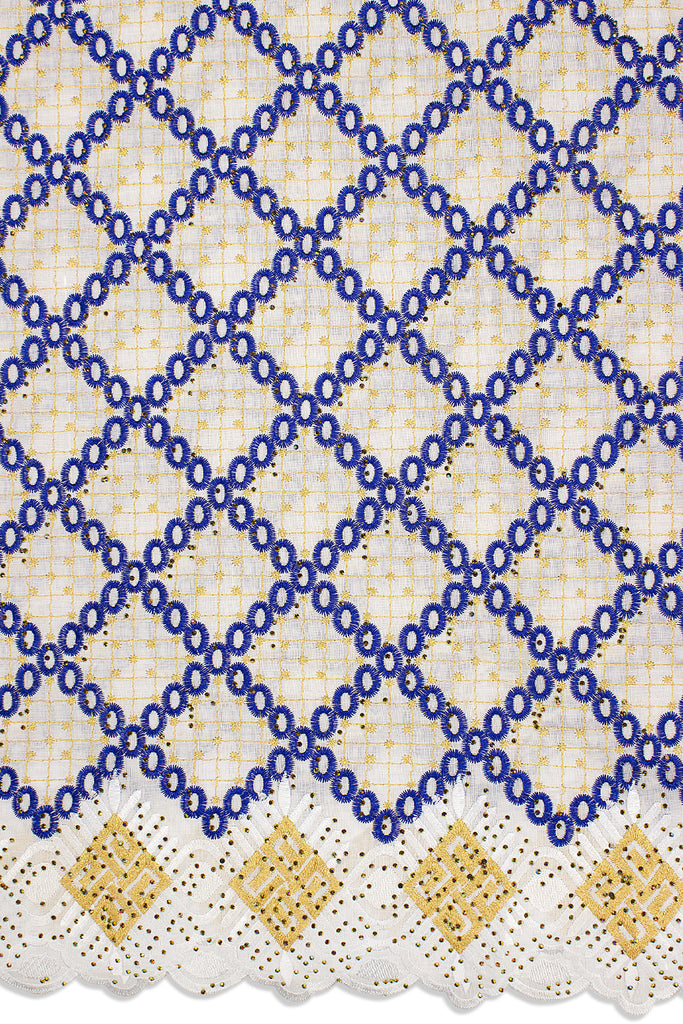 IRE646-WBL - Voile Lace - White, Royal Blue & Gold