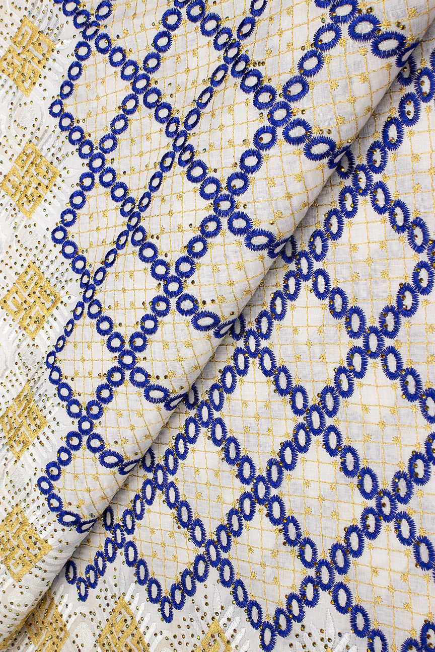 IRE646-WBL - Voile Lace - White, Royal Blue & Gold