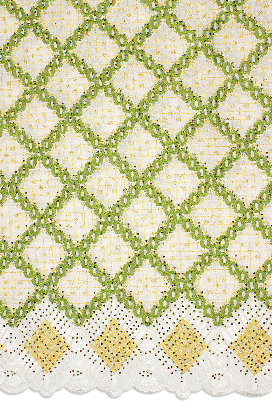 IRE646-WGN - Voile Lace - White, Leaf Green & Gold
