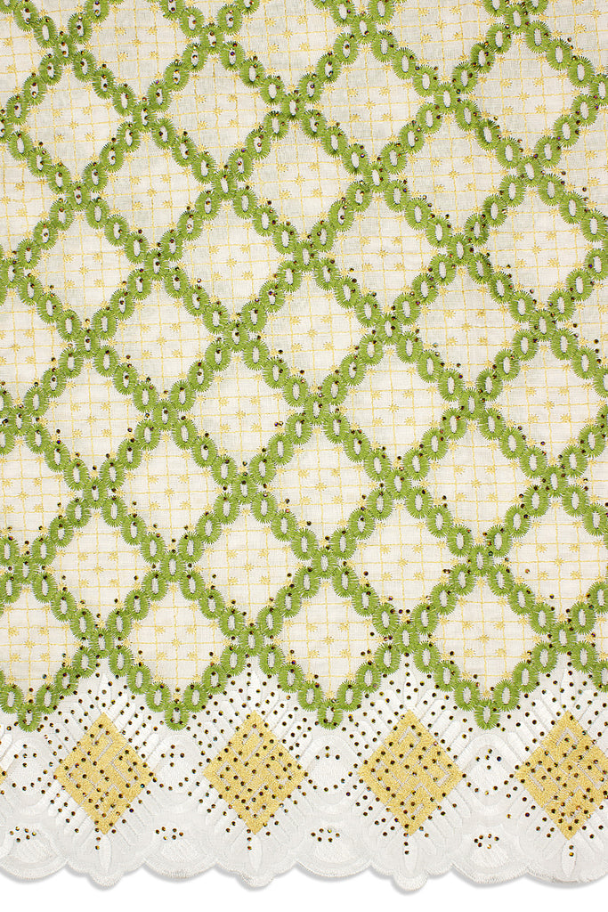 IRE646-WGN - Voile Lace - White, Leaf Green & Gold