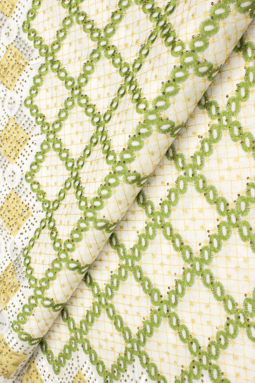 IRE646-WGN - Voile Lace - White, Leaf Green & Gold