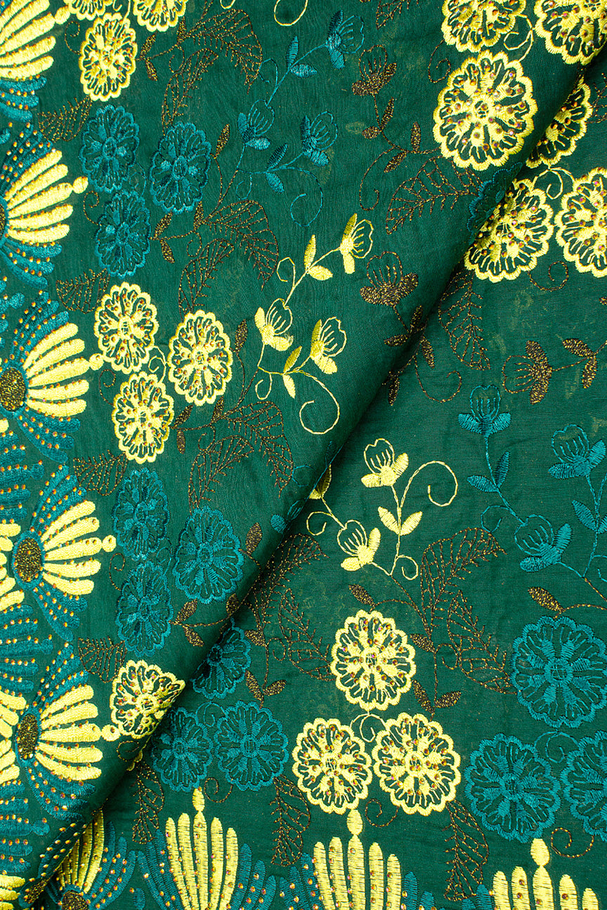 IRE647-BGN - Voile Lace - Bottle Green & Yellow-Gold