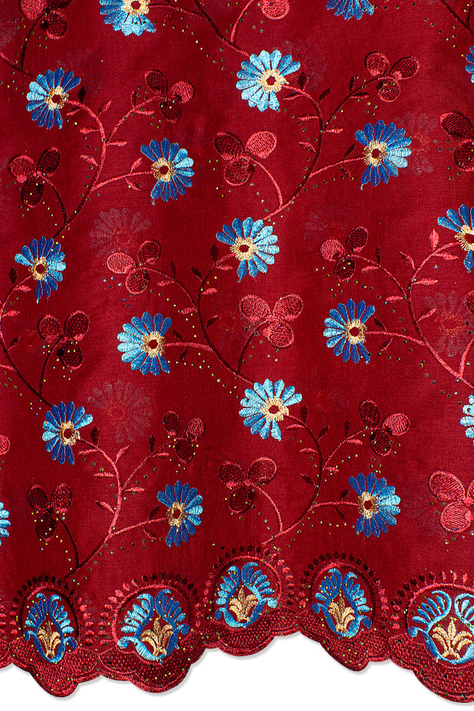 IRE649-WIN - Voile Lace - Wine, Turquoise Blue & Gold