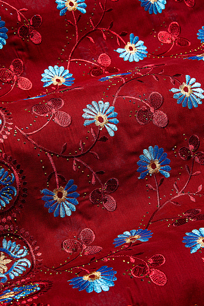 IRE649-WIN - Voile Lace - Wine, Turquoise Blue & Gold