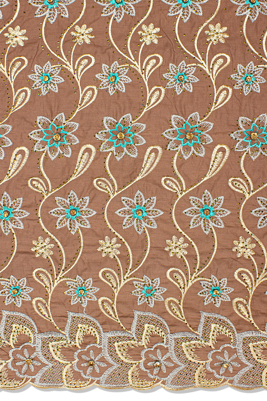 IRE650-BRW - Voile Lace with Big Stones - Brown & Sea Green