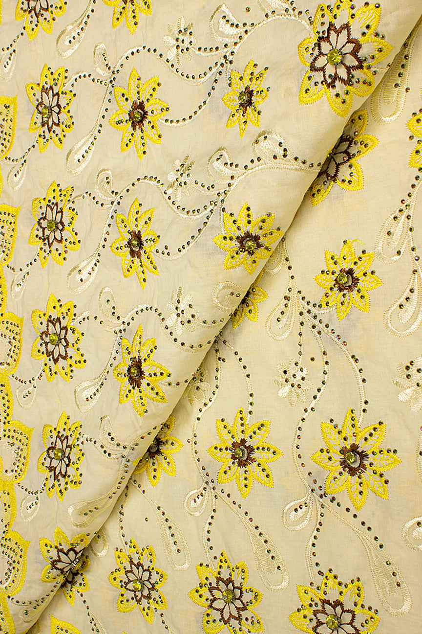 IRE650-CRM - Voile Lace with Big Stones - Cream, Yellow & Chocolate