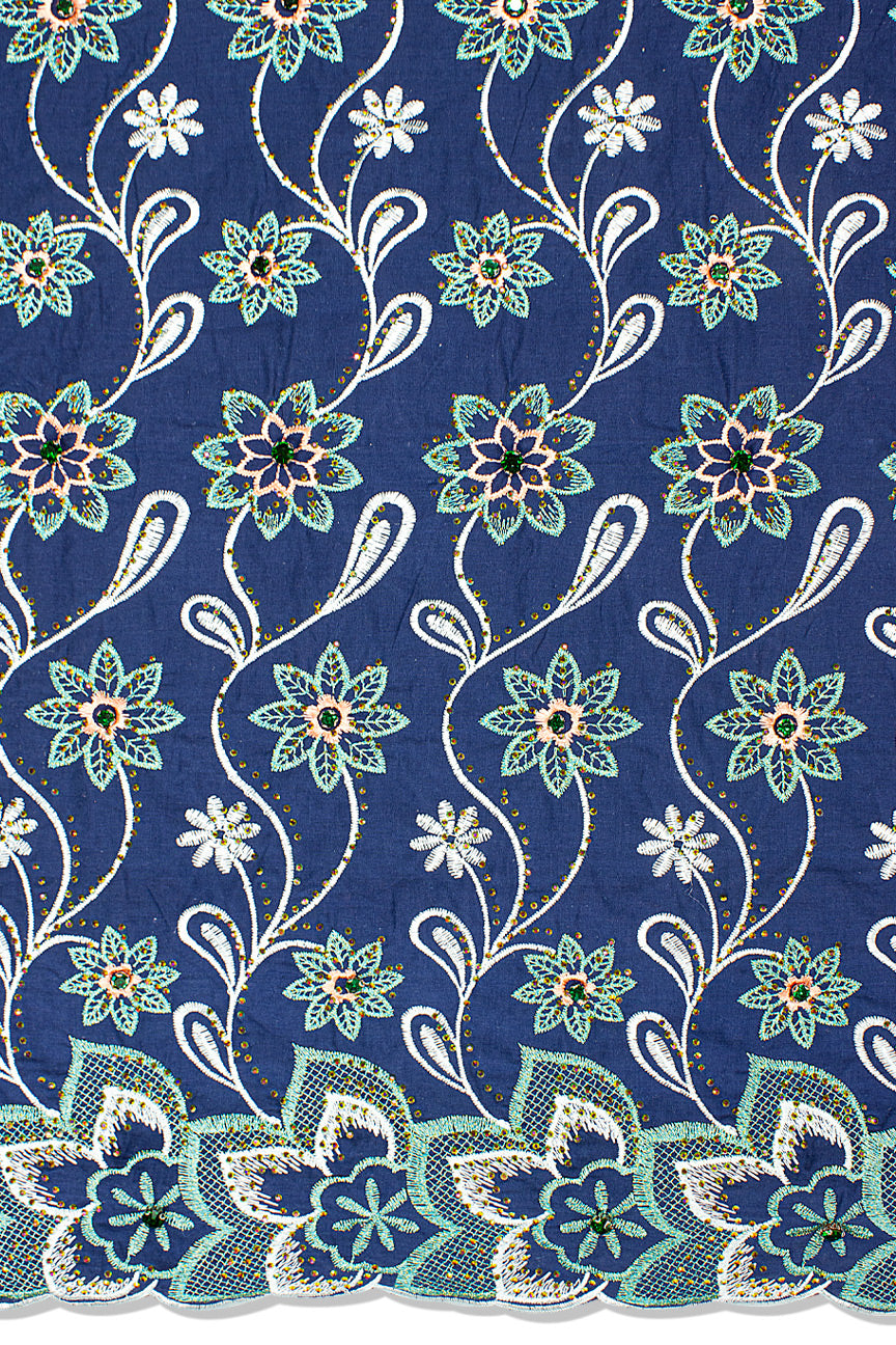 IRE650-NVB - Voile Lace with Big Stones - Navy Blue, Aqua & Peach