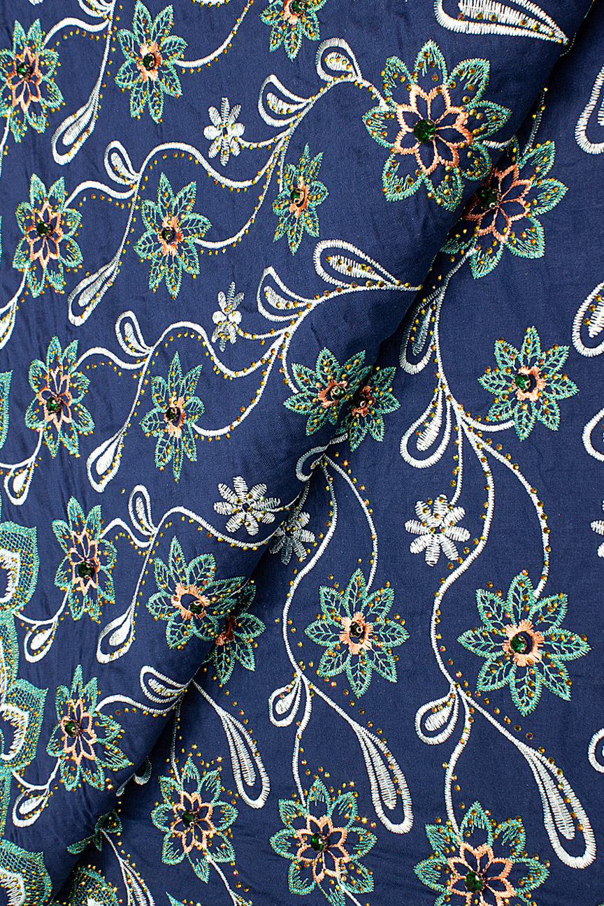 IRE650-NVB - Voile Lace with Big Stones - Navy Blue, Aqua & Peach
