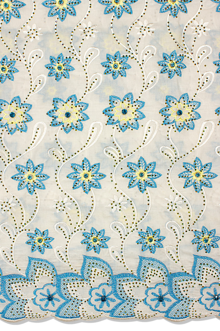 IRE650-WTQ - Voile Lace with Big Stones - White, Turquoise Blue & Cream