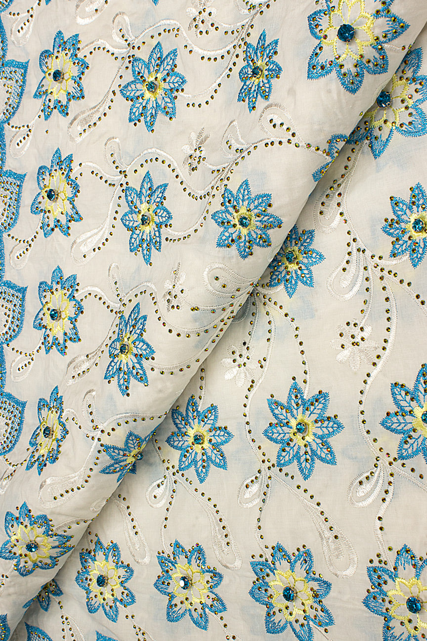 IRE650-WTQ - Voile Lace with Big Stones - White, Turquoise Blue & Cream