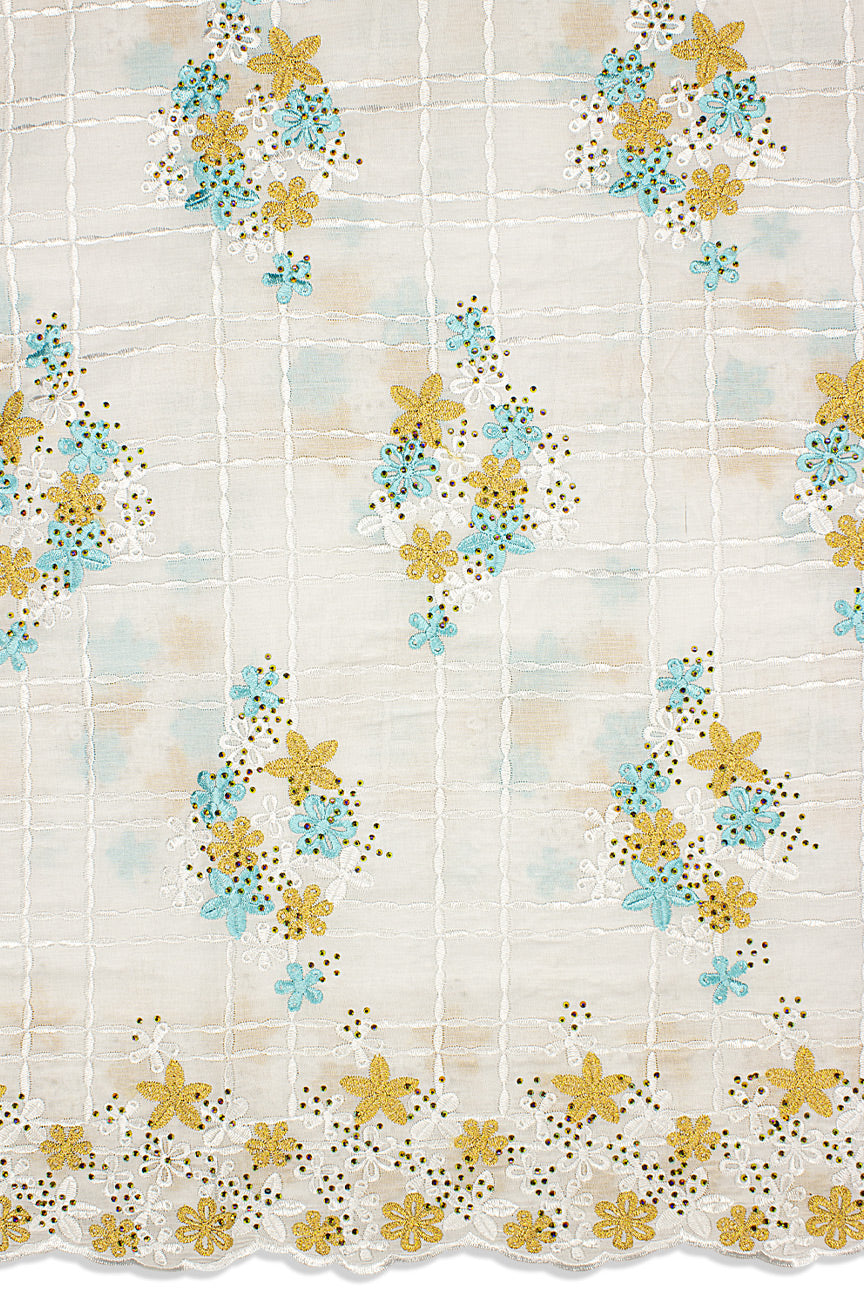 IRE651-WAQ - Voile Lace - White, Aqua & Gold