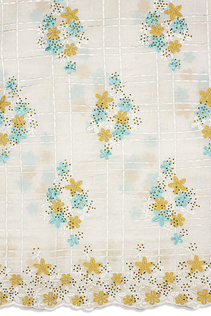 IRE651-WAQ - Voile Lace - White, Aqua & Gold
