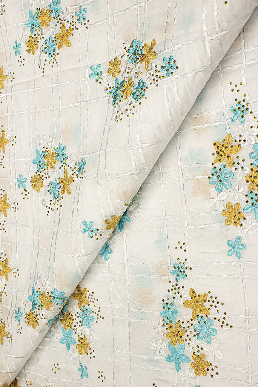 IRE651-WAQ - Voile Lace - White, Aqua & Gold