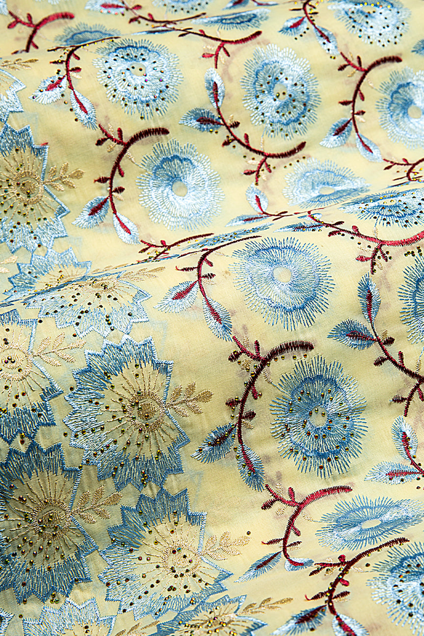 IRE655-CRM - Voile Lace - Cream, Sky Blue & Wine