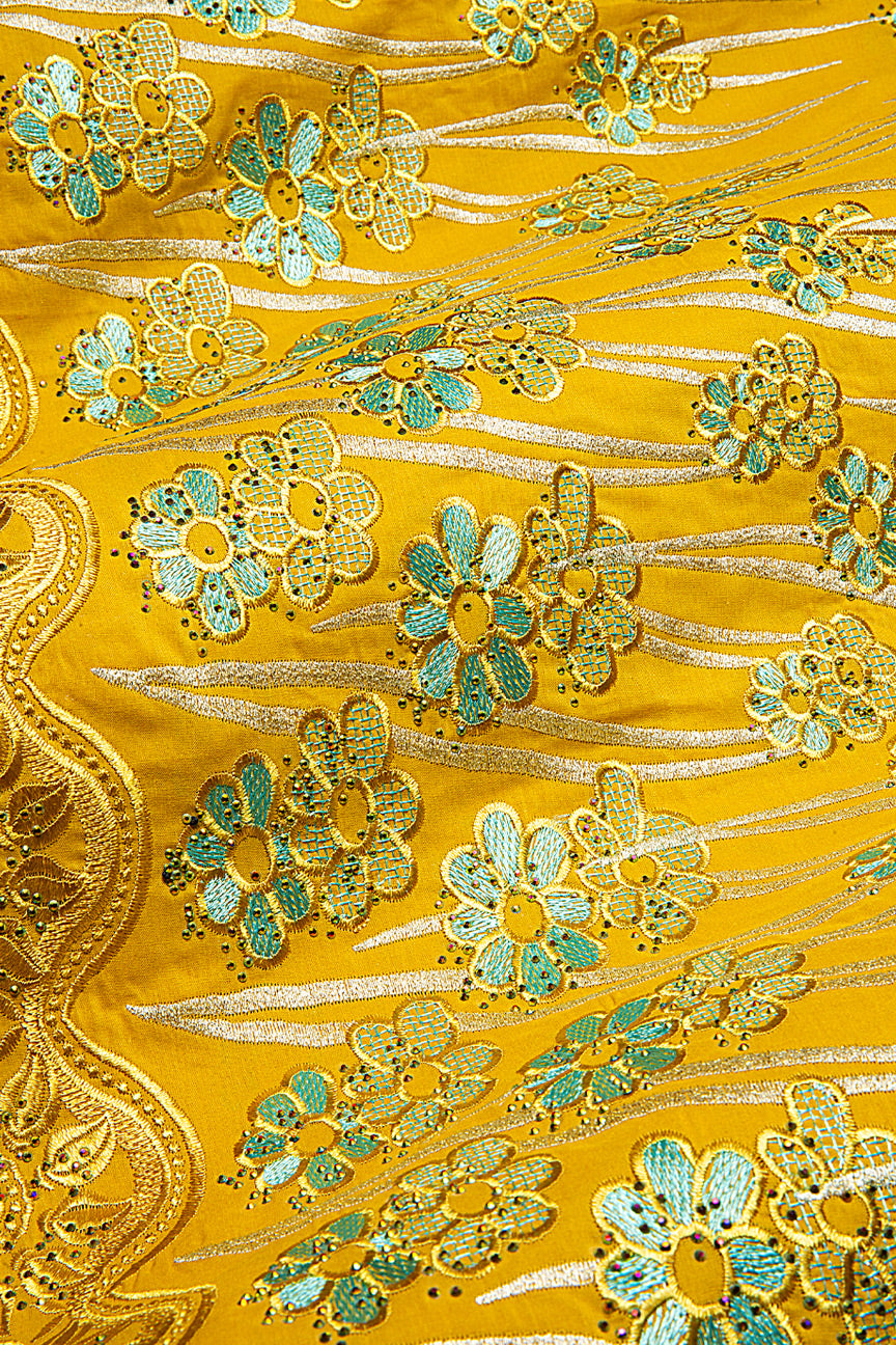 IRE656-MGD - Voile Lace - Mustard Gold & Aqua
