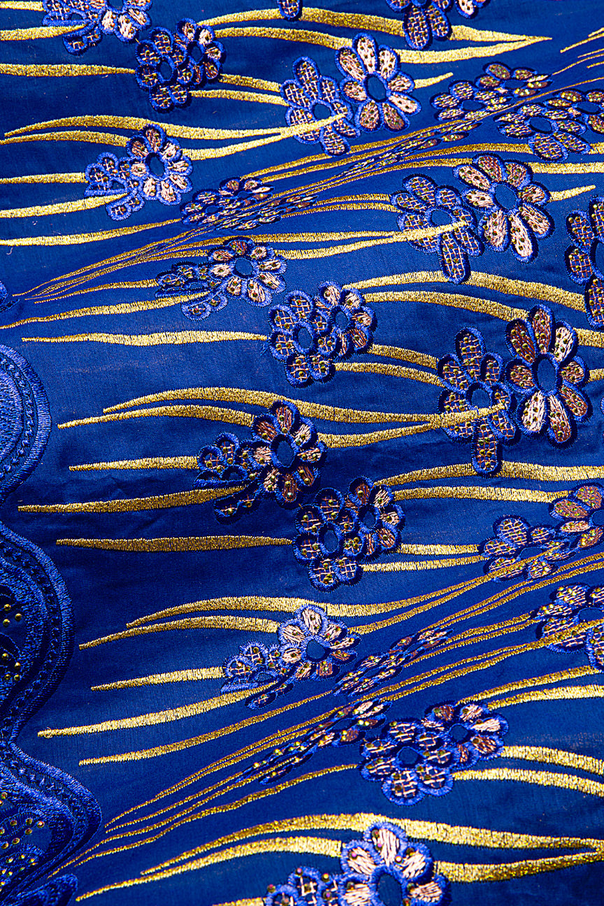 IRE656-RBL - Voile Lace - Royal Blue, Peach & Gold