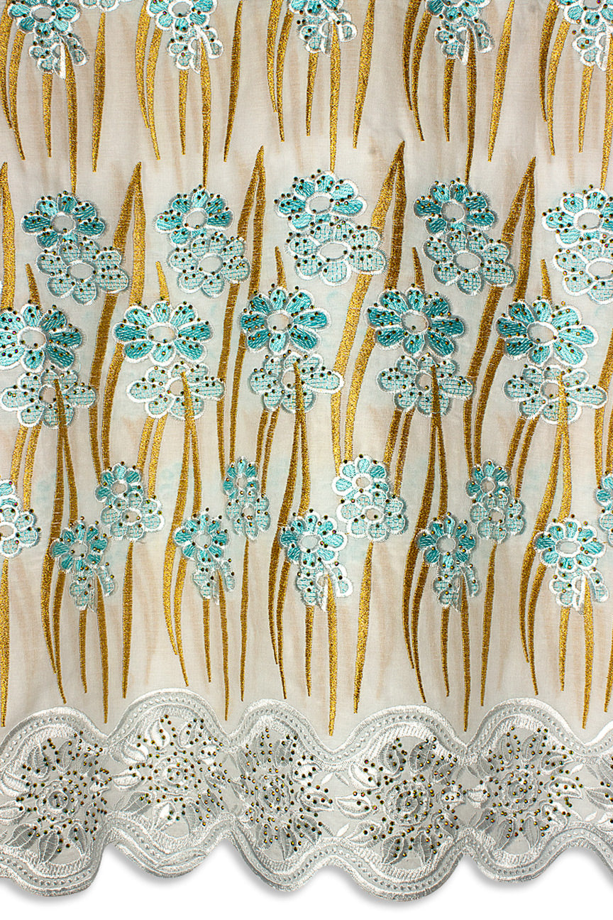 IRE656-WAQ - Voile Lace - White, Aqua & Gold