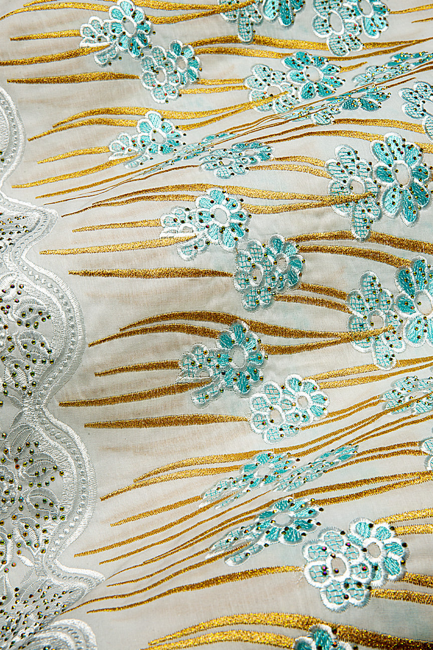 IRE656-WAQ - Voile Lace - White, Aqua & Gold