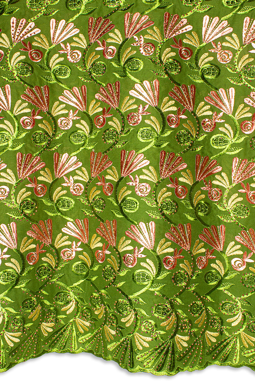 IRE657-AGN - Voile Lace - Army Green, Peach & Gold