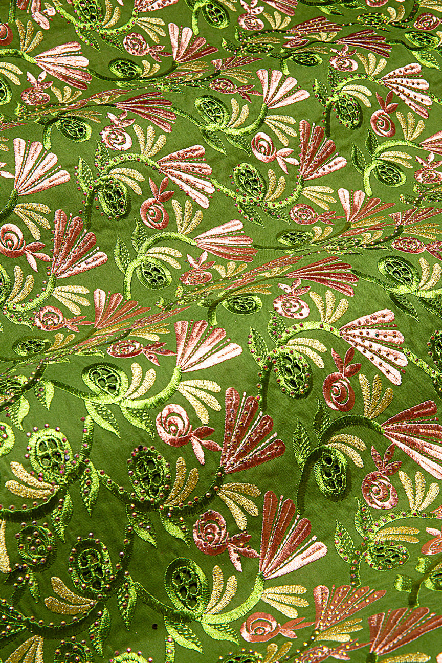 IRE657-AGN - Voile Lace - Army Green, Peach & Gold
