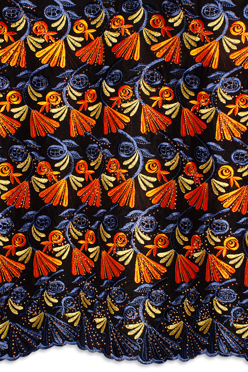 IRE657-BLK - Voile Lace - Black, Petrol Blue, Orange & Gold