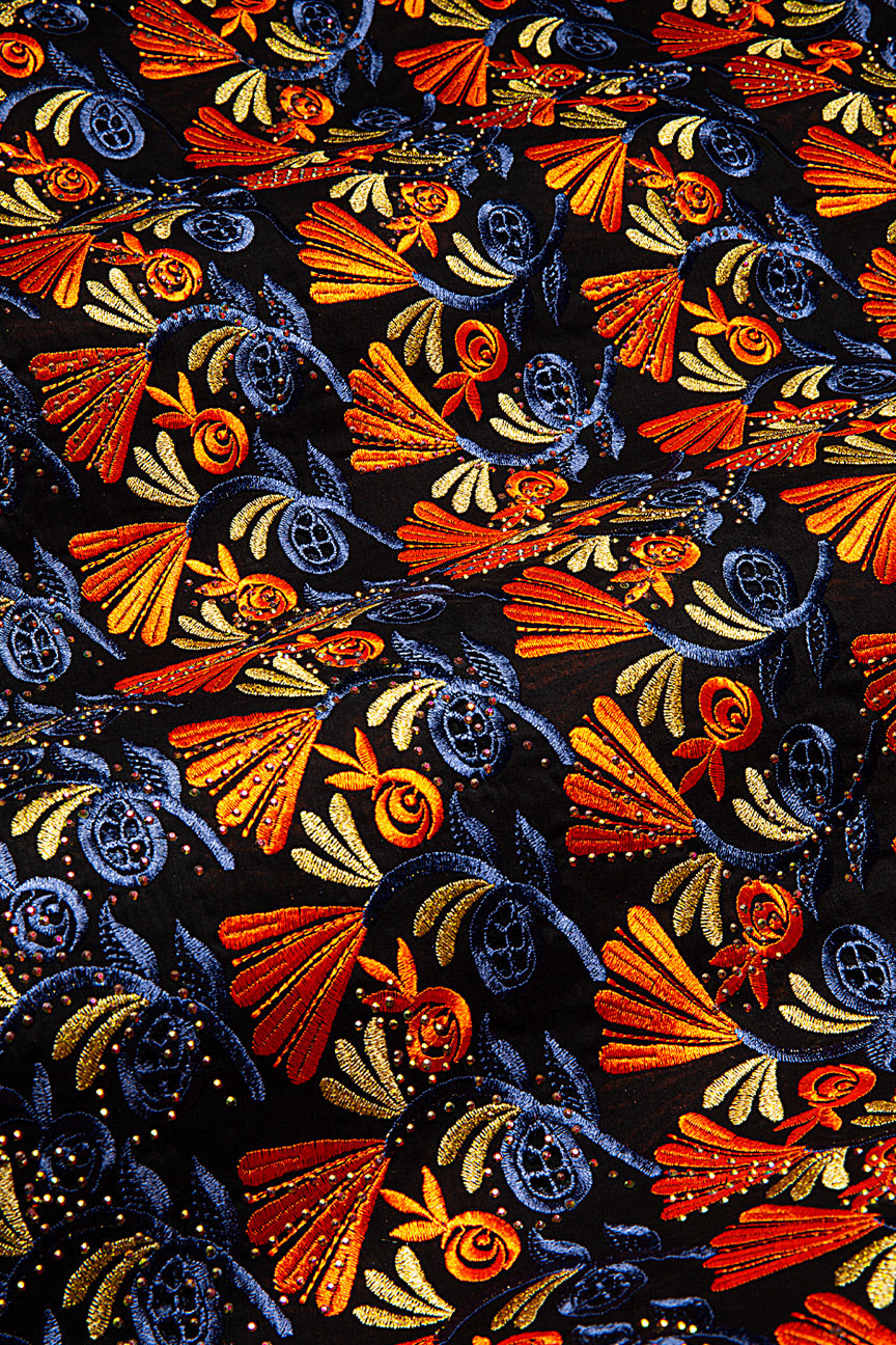 IRE657-BLK - Voile Lace - Black, Petrol Blue, Orange & Gold