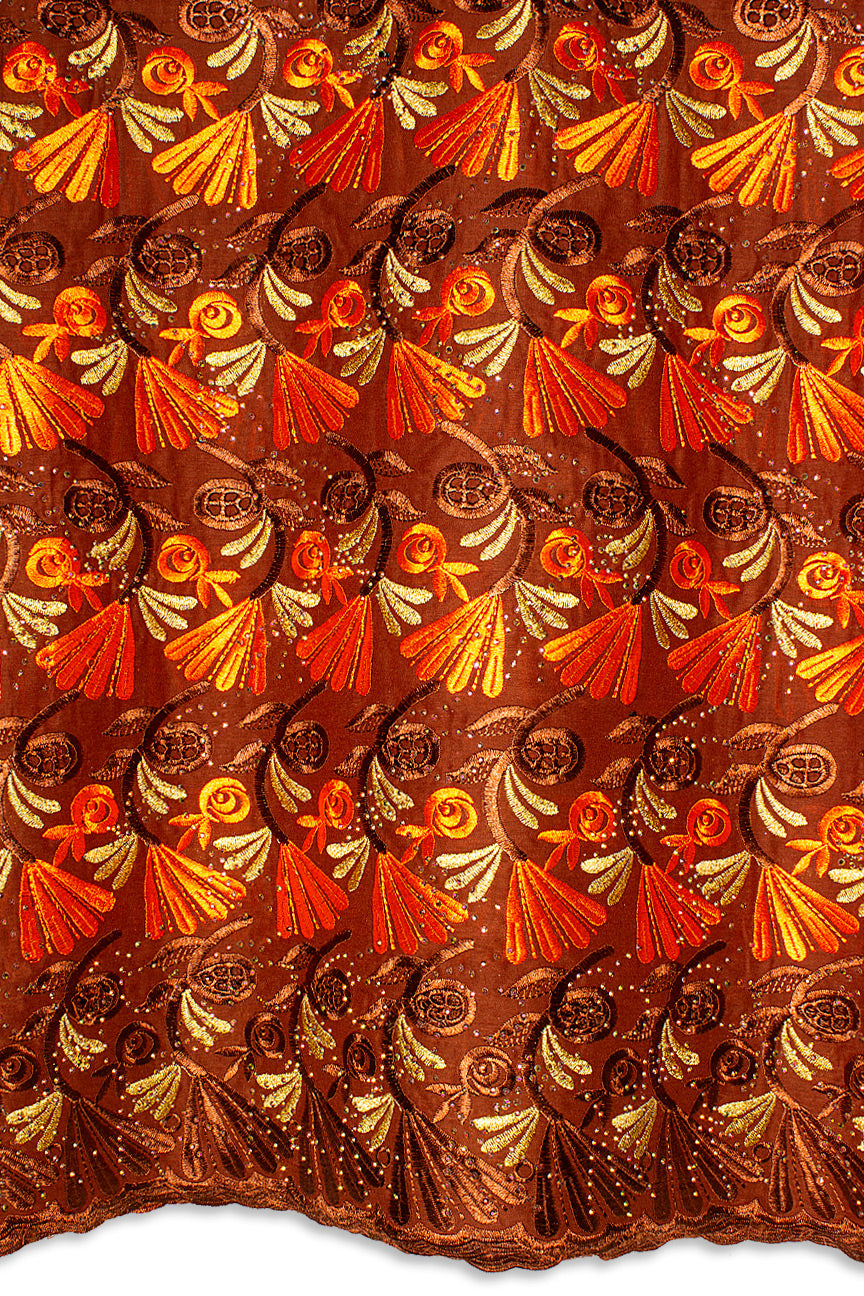 IRE657-CHO - Voile Lace - Chocolate Brown, Orange & Beige