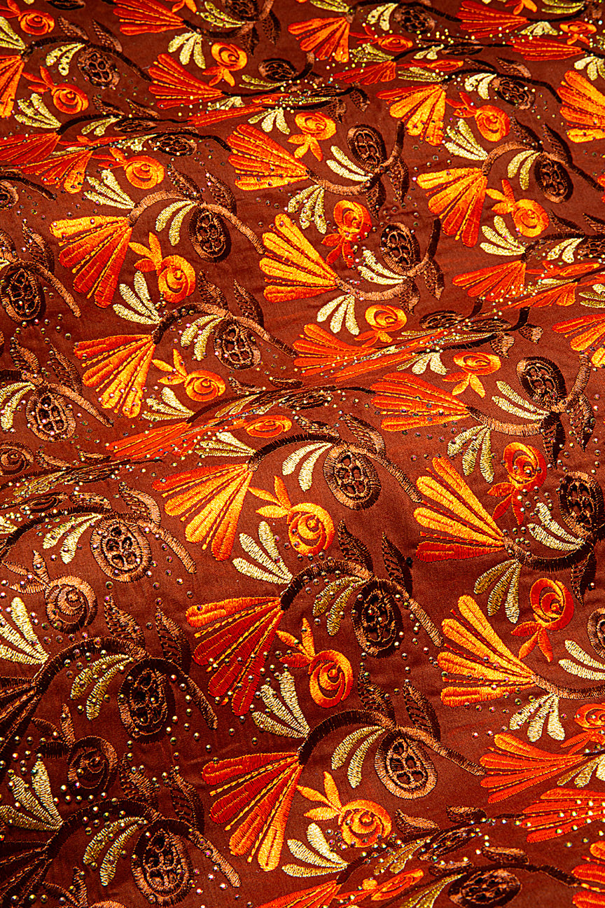 IRE657-CHO - Voile Lace - Chocolate Brown, Orange & Beige