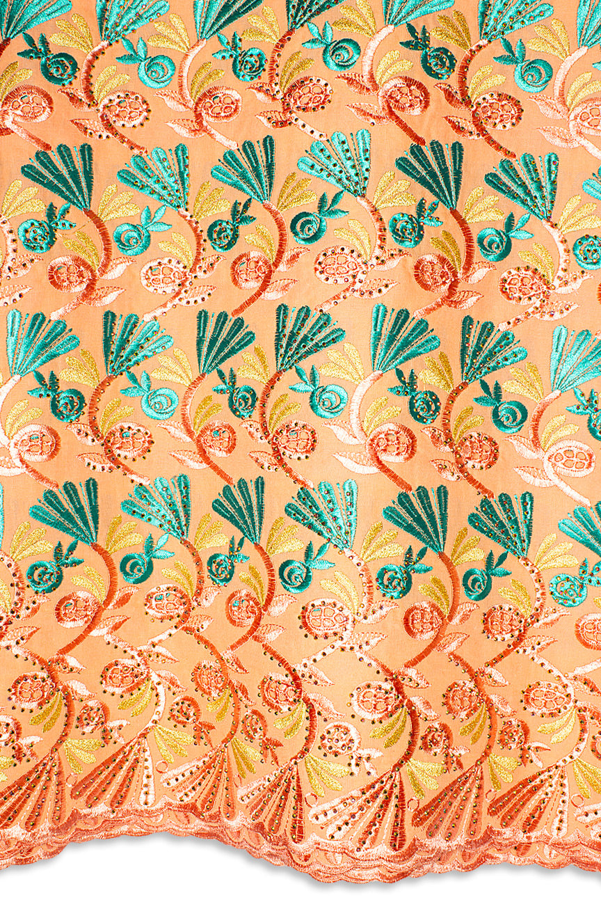 IRE657-PCH - Voile Lace - Peach, Teal & Gold