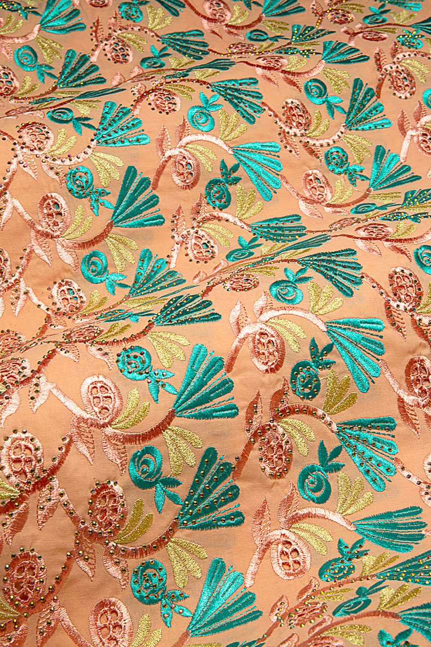 IRE657-PCH - Voile Lace - Peach, Teal & Gold
