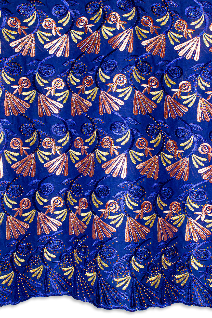 IRE657-RBL - Voile Lace - Royal Blue, Peach & Gold