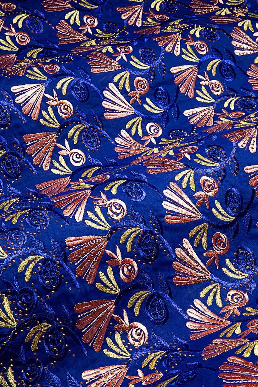 IRE657-RBL - Voile Lace - Royal Blue, Peach & Gold