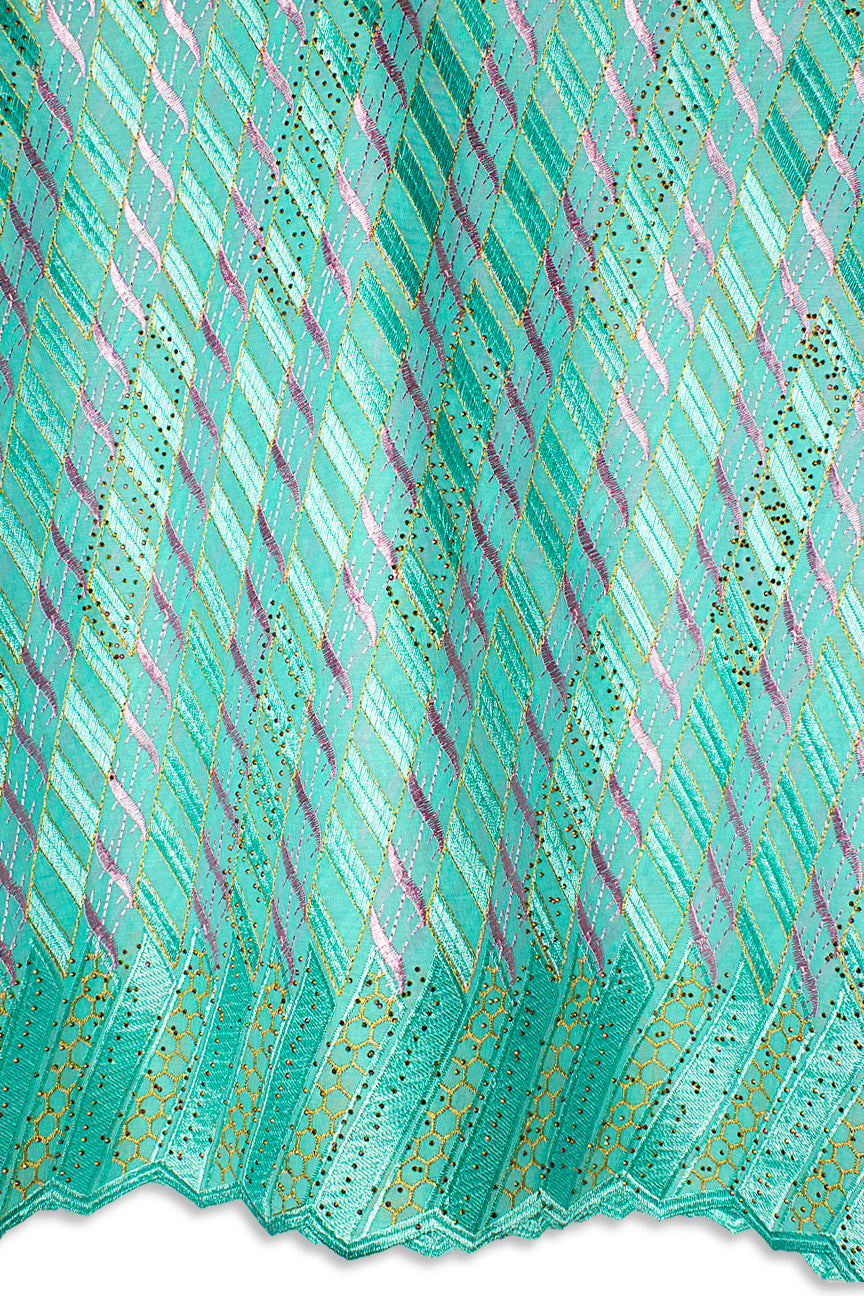IRE658-AQU - Voile Lace - Aqua, Pink & Gold
