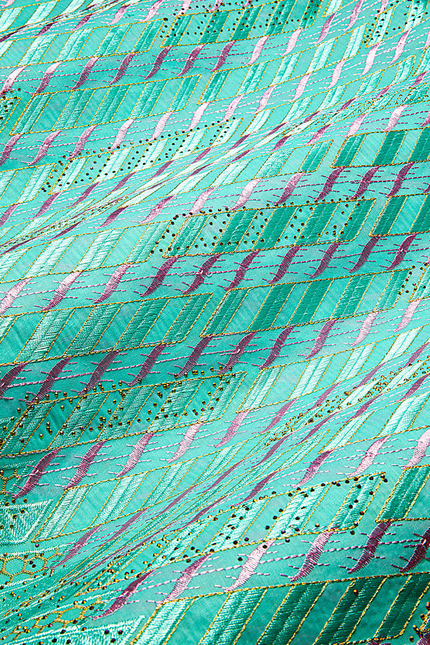 IRE658-AQU - Voile Lace - Aqua, Pink & Gold